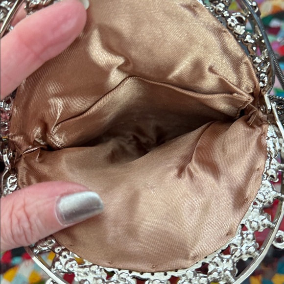 Vintage Rose Satin Silver Sequin Rhinestone Bridgerton Wristlet Evening Bag